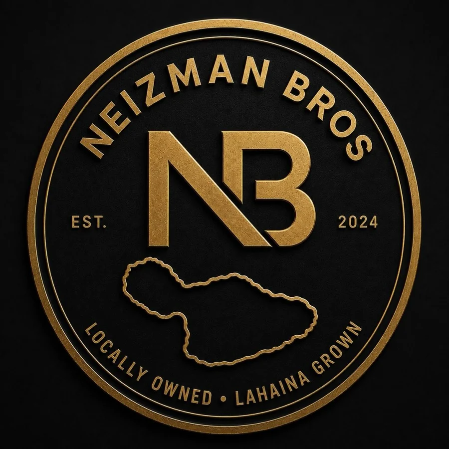 Neizman Bros crest: a gold NB monogram over an outline of Maui, ringed by the words locally owned, Lahaina grown.